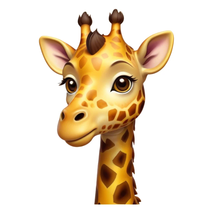 Cinematic Cute Giraffe Portrait Emoji, Head tilted playfully and inquisitively, featuring a glossy, patterned Fur of warm yellows and browns with delicate white spots, round, sparkling eyes filled with curious wonder, Simplified yet irresistibly adorable features, highly detailed, glowing with a warm, friendly glow, high shine, affectionate and gentle, stylized with a touch of savannah whimsy, bright and endearing, soft glowing outline, capturing the essence of a mischievous yet loving giraffe, so playful it feels like it could gallop out of the screen and into your arms! sticker