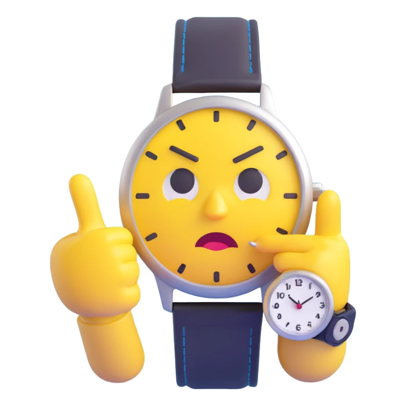 A yellow emoji face with a worried expression, looking at a wristwatch with raised eyebrows, showing urgency and stress sticker