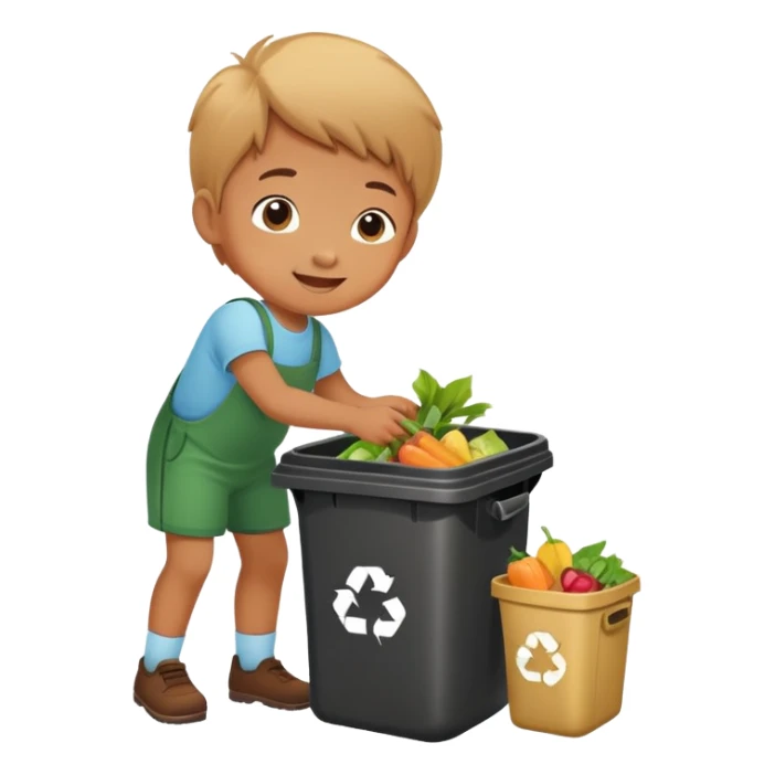 child putting food waste in a dustbin, cheerful and responsible sticker