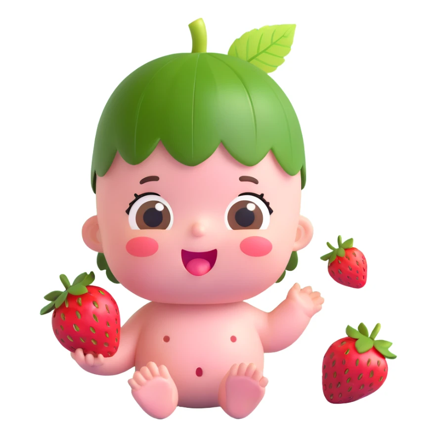 3D emoji-style baby with a strawberry leaf and fruit on its head, soft pink skin, round body, surprised or delighted face sticker