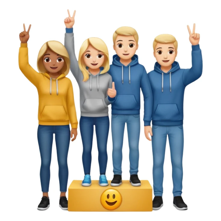 three people in jeans and hoodies on a winners podium with no numbers, middle step higher, center person holds up one finger on each hand, bright cheerful expressive emoji illustration sticker