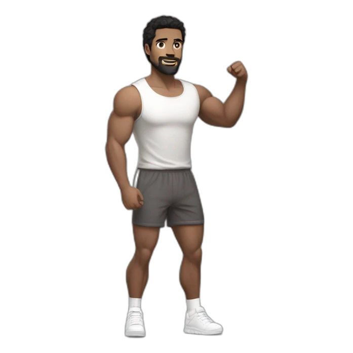 Full height Actively gesturing with hands Pale skinned Fit Man With the biceps and black hair with Bristle in dark gray Sleeveless Mike, brown oversize sports shorts and white Sneakers sticker