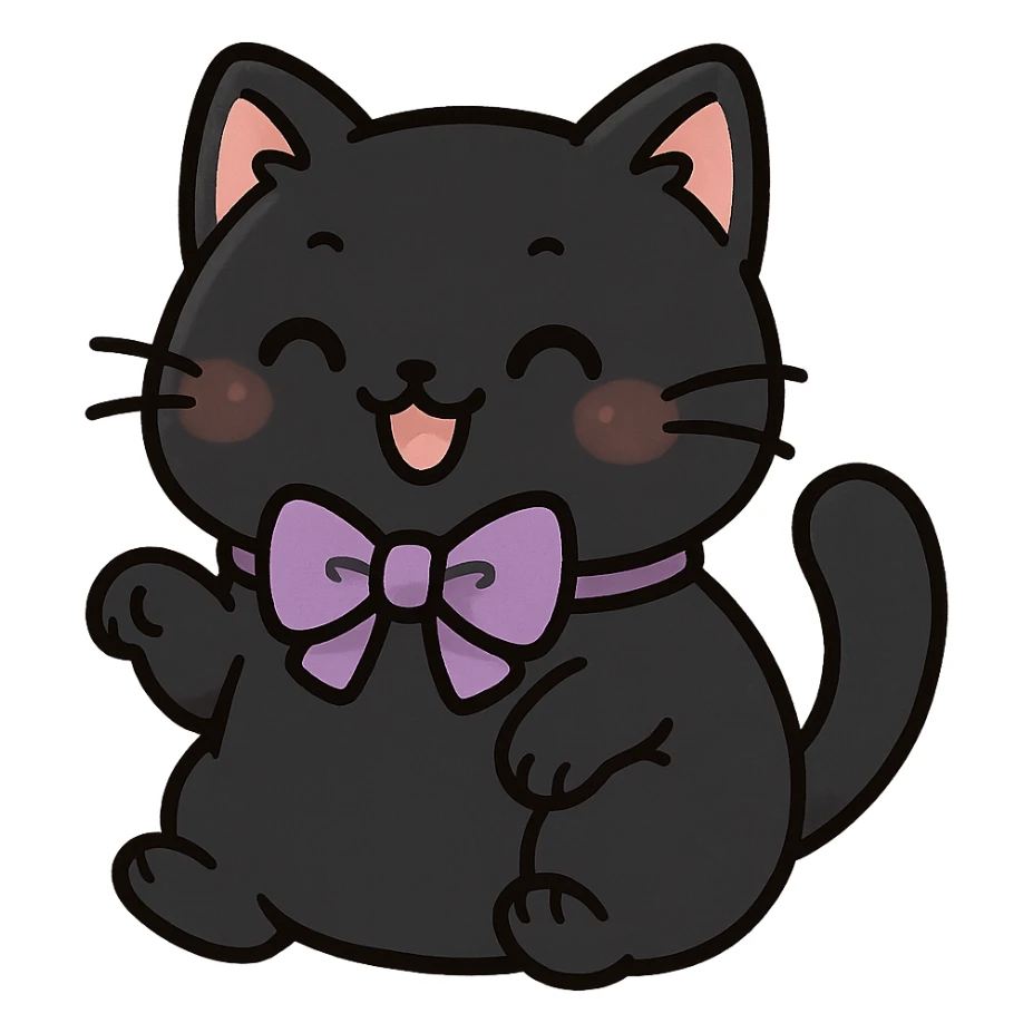 cute chubby cat with a purple bow, black fur, playful expression, kawaii style sticker