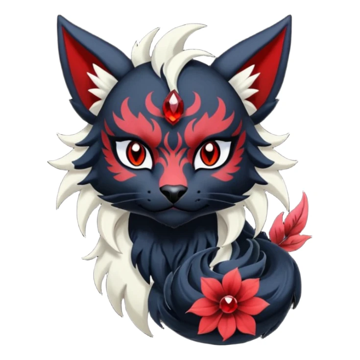 Asian-painted tattooed oriental Floral gothic emo cool and ruby-jewelry-adorned Absol-Litten-Amaura-fusion-Fakemon-animal-creature  sticker