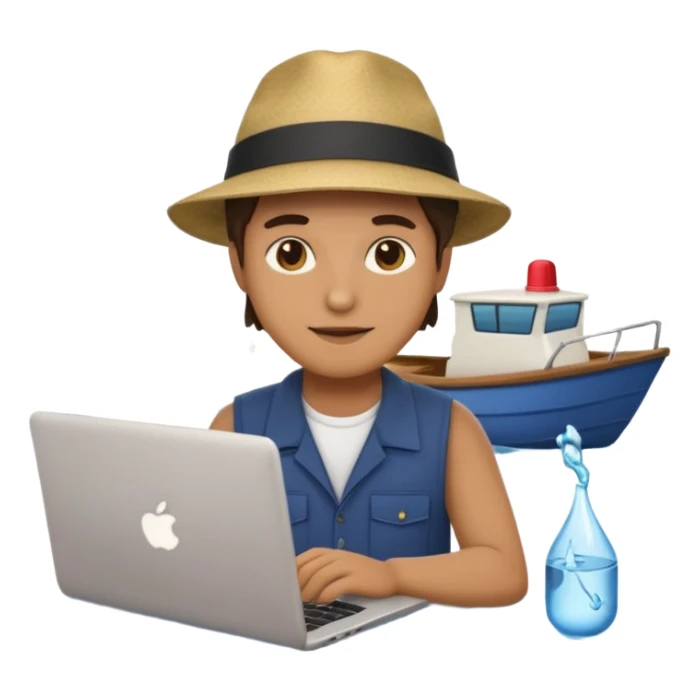 programmer sitting on a dock working on a laptop with water and boats in the background, emoji style sticker