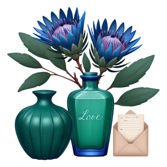 Dark green captivating perfume bottle with blue proteas and a handwritten love letter sticker