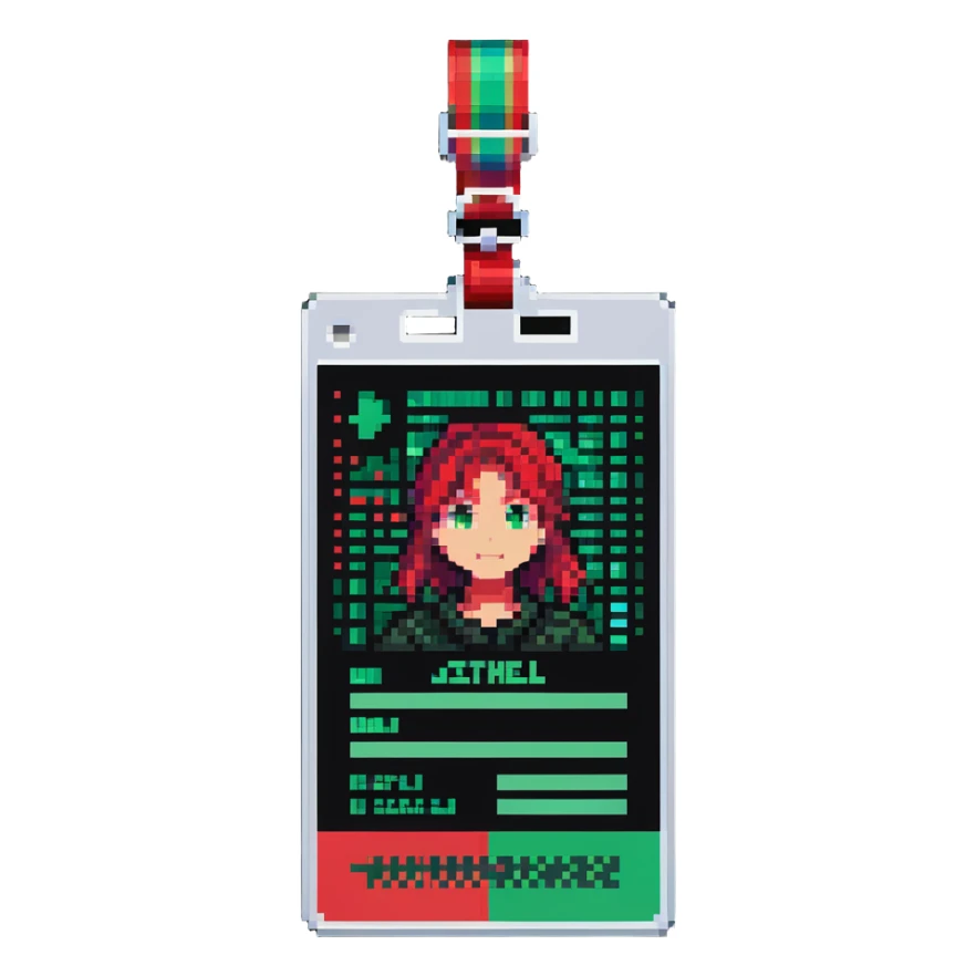 Member ID card with green to red gradient holographic effect and pixel art design sticker