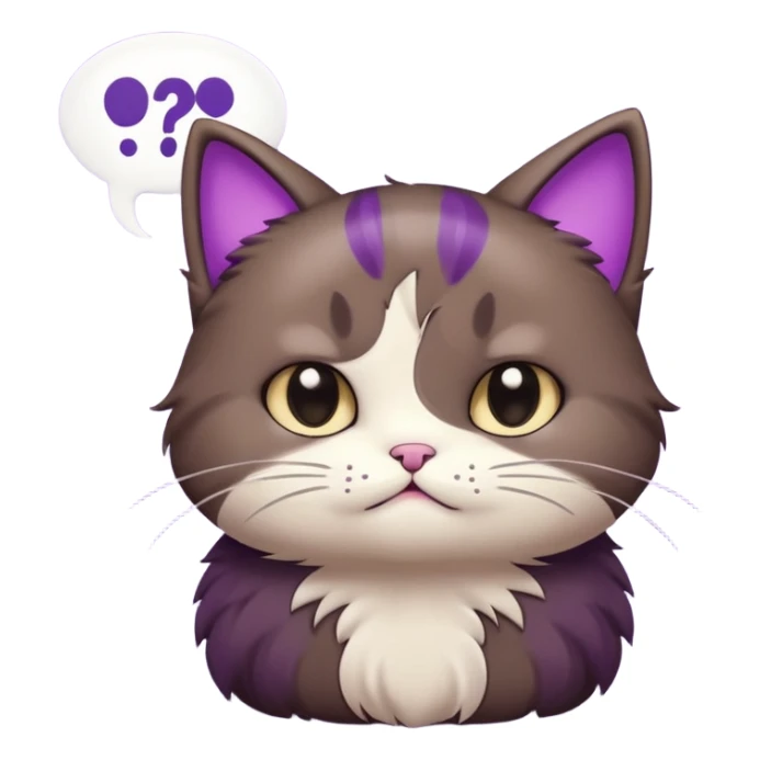 a dark-brown fluffy cute kawaii anime cat thinking frowning thoughtfully, saying “hmm” with a purple speech bubble sticker