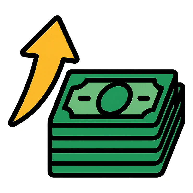 golden arrow with a stack of exciting green money, vibrant, clear, icon style sticker