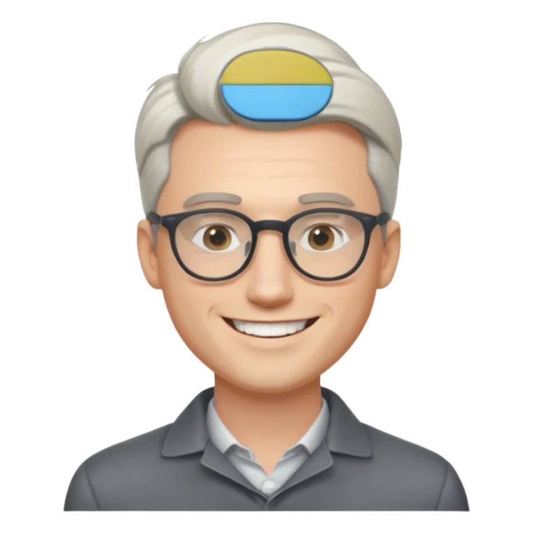 30 yr old pale white man, white/grey side swept stylish hair, round glasses, big smile, white teeth, handsome, longer hair, thin glasses,  smooth forehead, open collar, trendy sticker