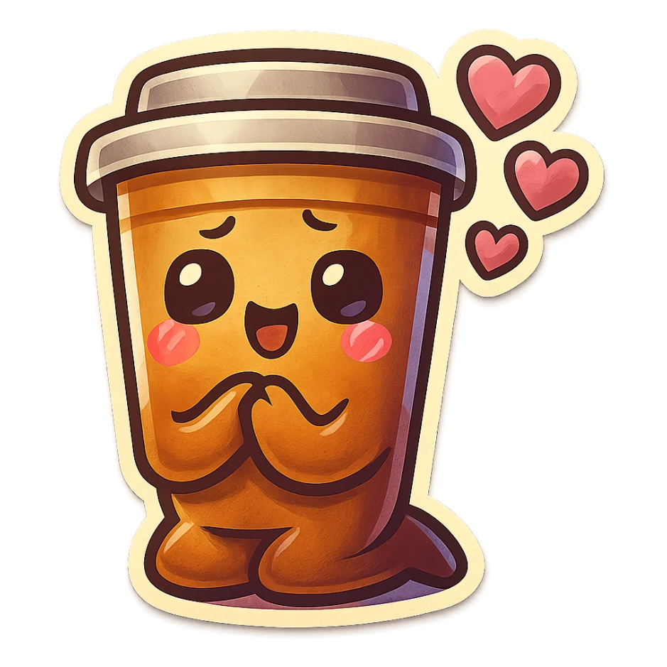 Tall coffee cup, bowing on knees, gushing with love, worship sticker