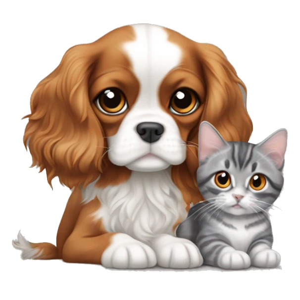 Cavalier King Charles Spaniel puppy sits next to a British gray tabby cat sticker