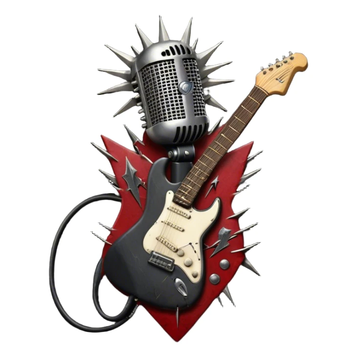 Create a powerful and dynamic humanless emoji representing rock vocals. The design should feature a classic vintage microphone with a rugged, distressed look, surrounded by elements like a guitar pick, electric guitar neck, and sound waves to reflect the raw energy of rock music. Add subtle details such as a spiked bracelet, leather textures, or bold lightning bolts to evoke the rebellious and intense spirit of rock. Use dark, edgy colors like black, red, silver, and metallic accents to emphasize the fierce, loud, and passionate nature of rock vocals. The background should be transparent. sticker