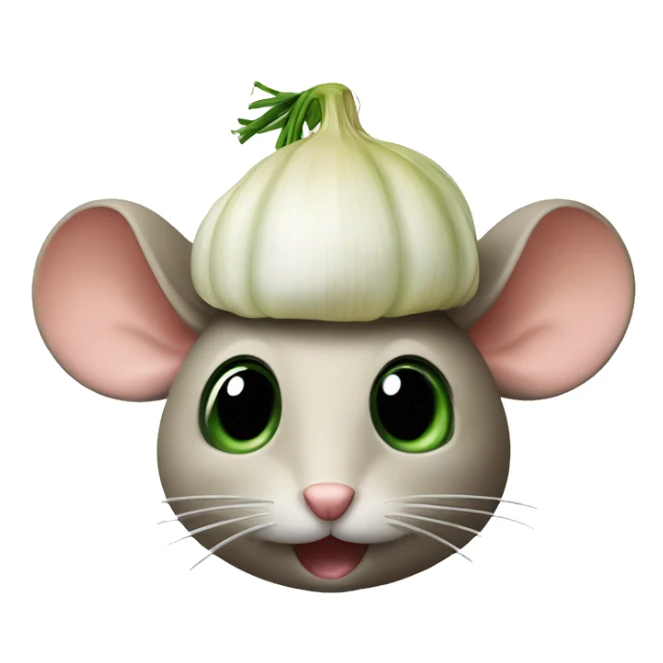 mouse with half onion as a little hat, the onion has still some green sticker
