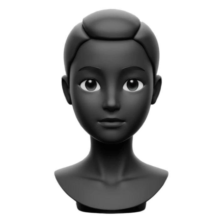 minimalist 3d avatar, stylized human bust, no hairstyle, distinctive facial features, smooth matte plastic texture, soft cinematic lighting, subtle rim light, clay render style, modern digital illustration, octane render. black, completely monochrome, matte sticker