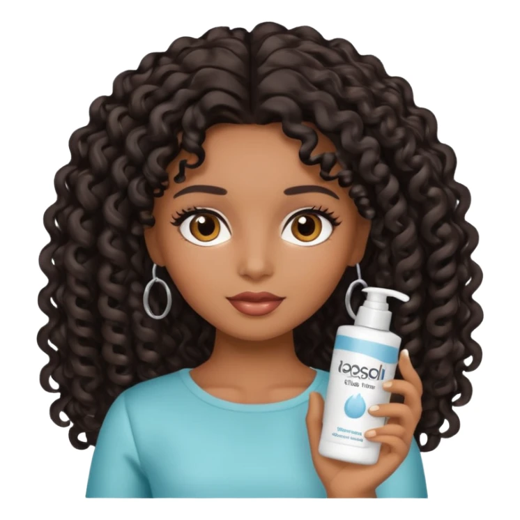 Uma boneca morena com olhos castanhos e cabelo cacheado longo preto, com creme de pentear na mão da Salon line sticker