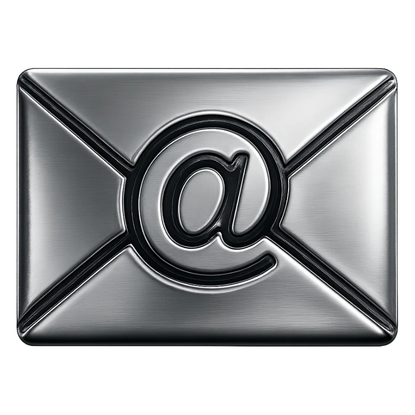 postal envelope with an e-mail sign in the middle, made entirely of chrome, shiny metallic, highly reflective sticker