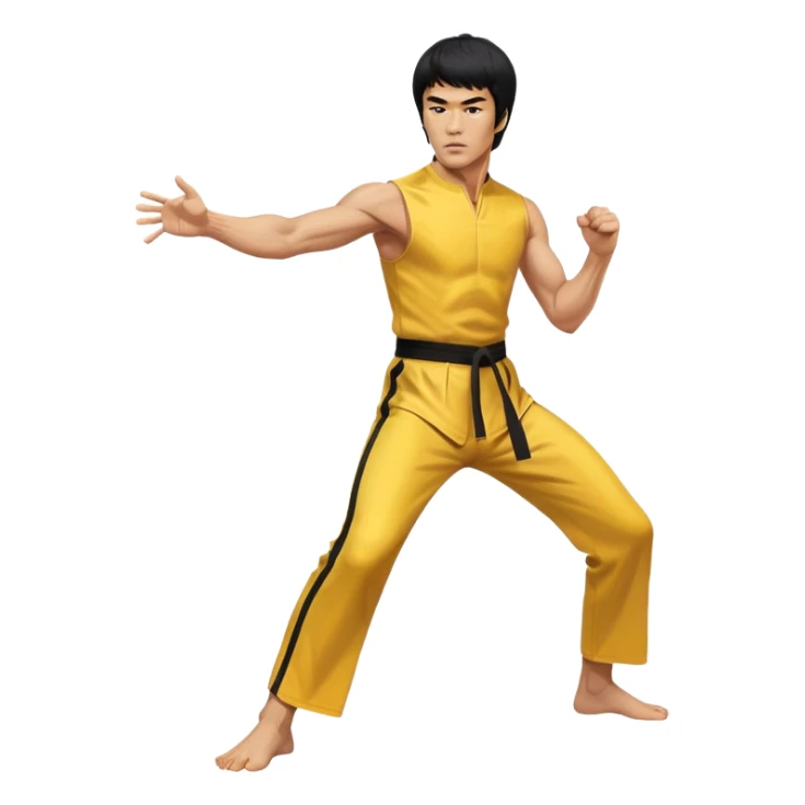 Bruce Lee in yellow jumpsuit, martial arts fighting stance, intense expression sticker
