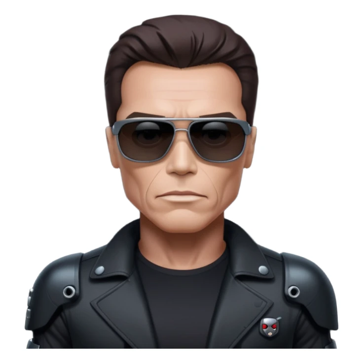 Schwarzenegger-like Terminator, upper body only, wearing his iconic clothes in black (all clothes must be black), looking human but with robotic details, and wearing dark sunglasses, hair must be dark
 sticker
