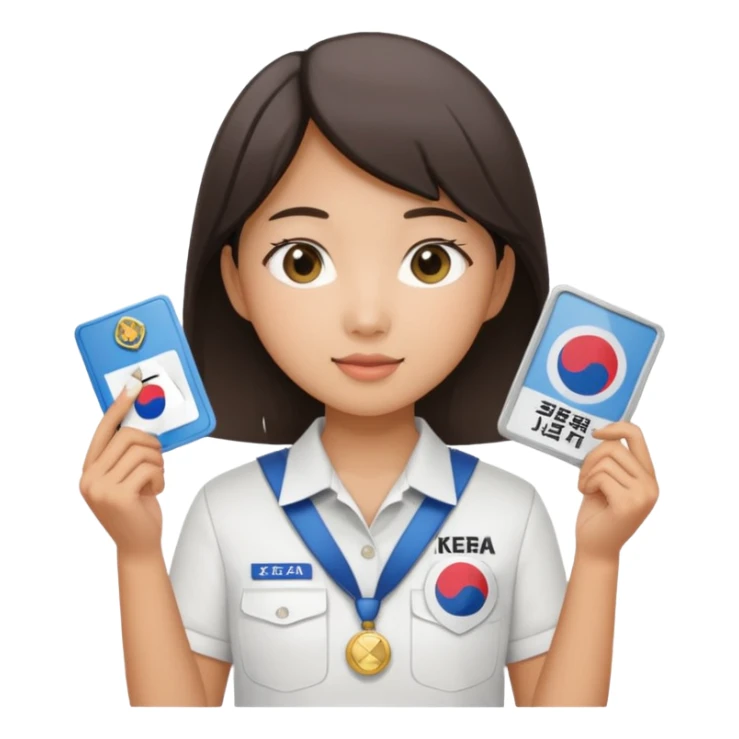 A young Asian guide holding her tour license in both hands, wearing a white shirt with the South Korea badge on her chest. sticker