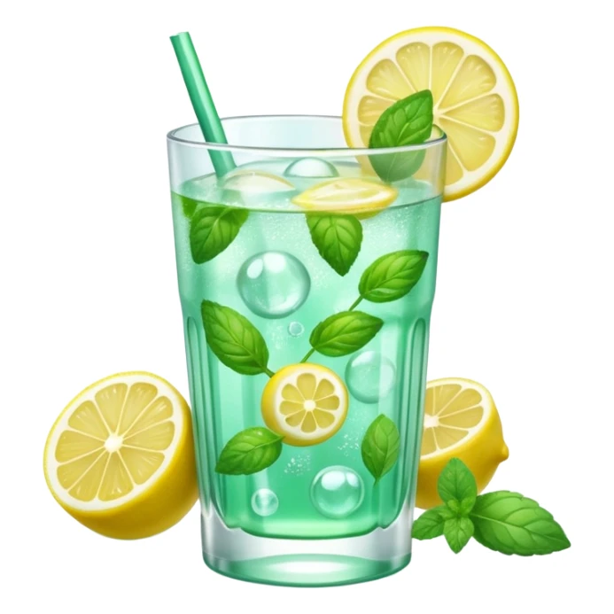 A 3D cartoon transparent glass with sparkling lemon mint drink, bubbles, mint leaves and lemon slice, clear ice, realistic condensation, Memoji-style detail. sticker