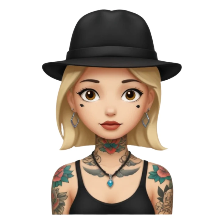 tattoo girl on her neck and body with black hat sticker