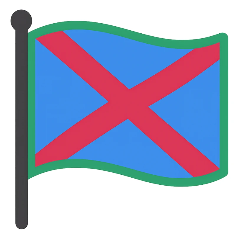flag with simple and bold design featuring a blue field, a crimson diagonal cross, and a green border sticker