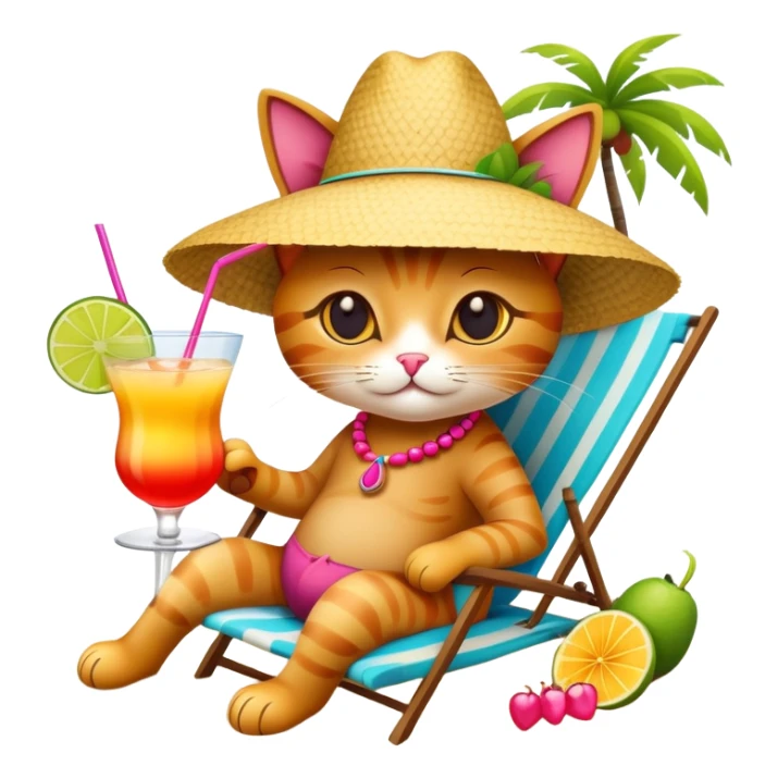 Cat with sunhat relaxing on beach with colorful mai tai cocktail sticker