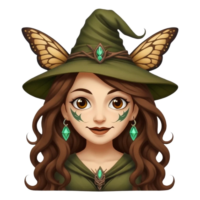 mischievous forest witch woman long wavy brown hair tattoos smirk moth sticker