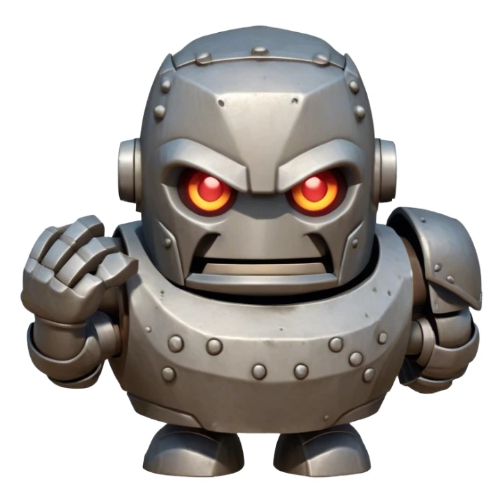 Cinematic Comical Mighty Iron Golem Portrait Emoji Head tilted dramatically with an exaggeratedly amused expression, featuring a bulky, armored form with a slightly lopsided stance, ancient runes flickering erratically, and one massive, jointed hand raised in a slow, deliberate wave. Wide, expressive glowing eyes give it an almost humorous, puzzled look, as if it’s contemplating something far beyond mortal understanding. Rendered with detailed metallic textures and deep, dynamic lighting, high shine, dramatic yet whimsical, styled with a hint of unexpected charm, soft glowing outline, capturing the essence of an endearing yet colossal guardian that looks ready to crack an impossibly slow, earth-shaking joke! sticker