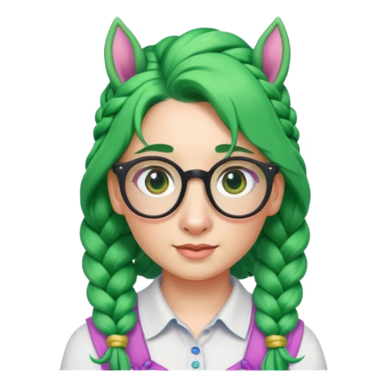 braided unicorn wiith big visible braids looking into the camera spectacled green hair sticker