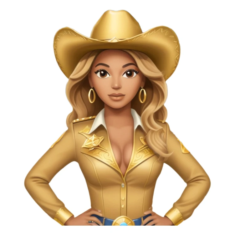 Beyonce with a gold outfit and gold cowboy hat holding a stadium sticker