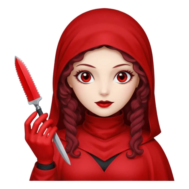 Lilith scalpel in hand, evil surgeon outfit.  She has red eyes. She has dark brown curly hair. Hair is long . Wears sexy doctor outfit with red gloves. Clears, mouth with Muslim red burka sticker