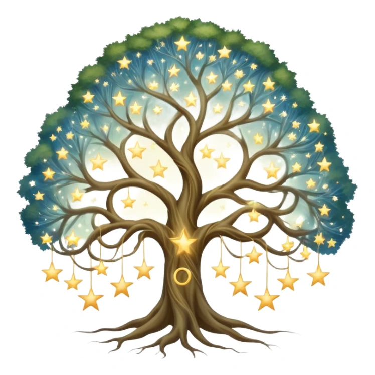 Celestial family tree with star-like portraits connected by flowing gossamer branches, ethereal ancestral connections sticker