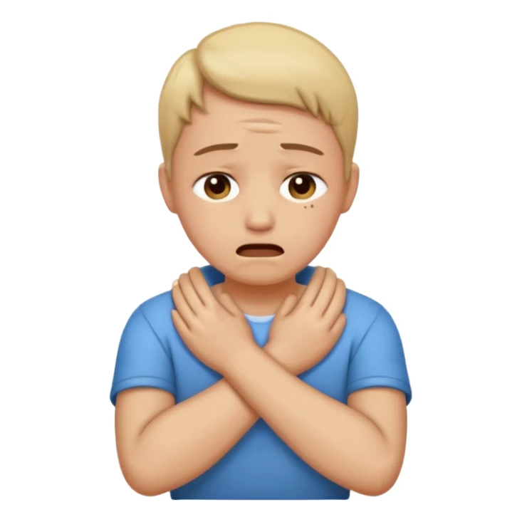 Person crying with crossed arms holding neck sticker