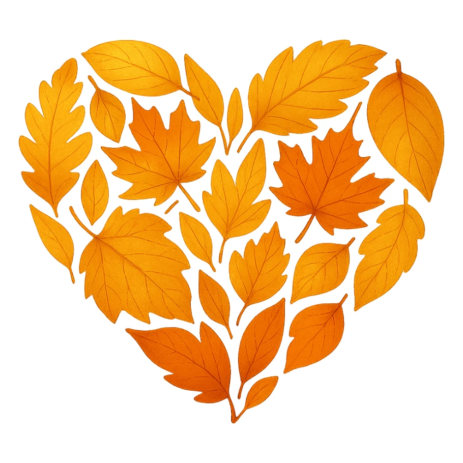 heart with a golden autumn leaves theme, clean digital illustration sticker