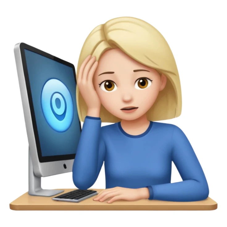 A girl is in front of a computer and is holding her head. sticker