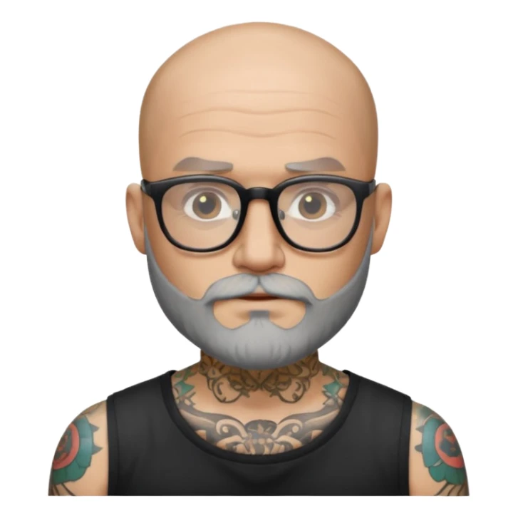 Bald man with salt and pepper beard and glasses and tattoos sticker