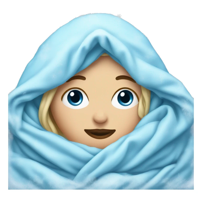 white woman blue face with ice and cold around it, snuggled in blanket sticker
