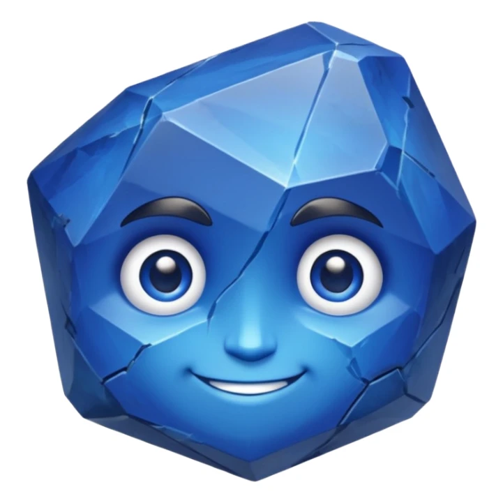 A single sapphire-blue faceted rock head, chunky and worn, with a few visible cracks and chipped facets but still shiny, big kind eyes and a confident smile, 3D game asset, centered on dark background, no body, no other elements. sticker
