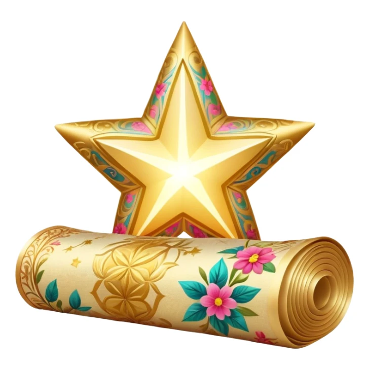 simple composition of a glowing sparkle or star shape in foreground with only a roll of patterned fabric behind it, no faces sticker