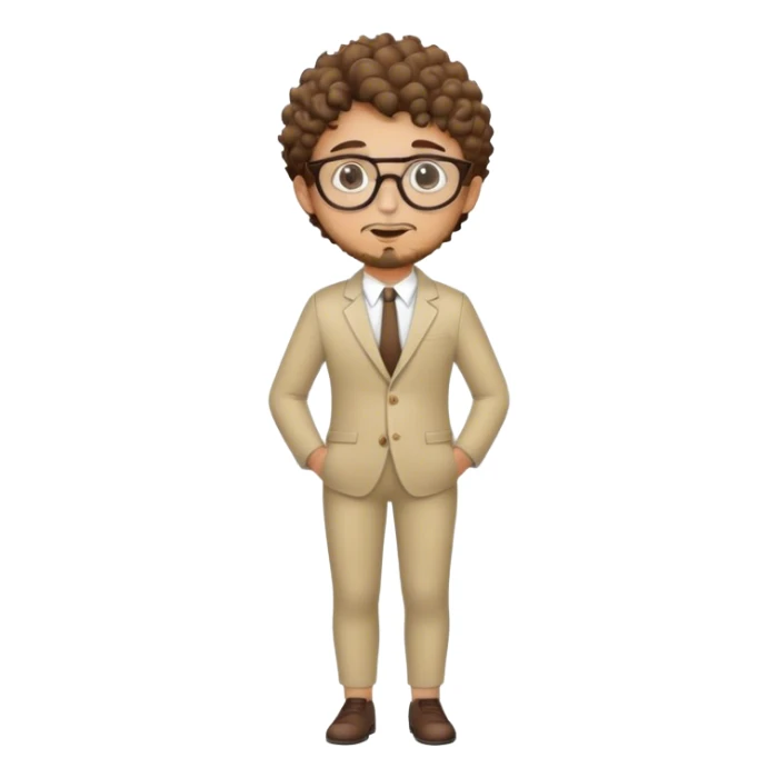 A young man with short curly brown hair, round glasses, light beard, and a stylish full-body suit. sticker