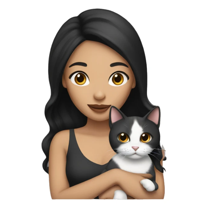 A light skinned woman with black hair holding a cat sticker