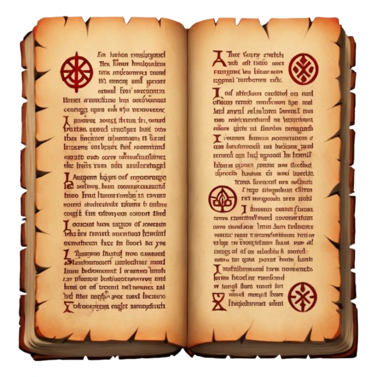 Ancient scripture page burned at the edges, cursed runes glowing faint red sticker