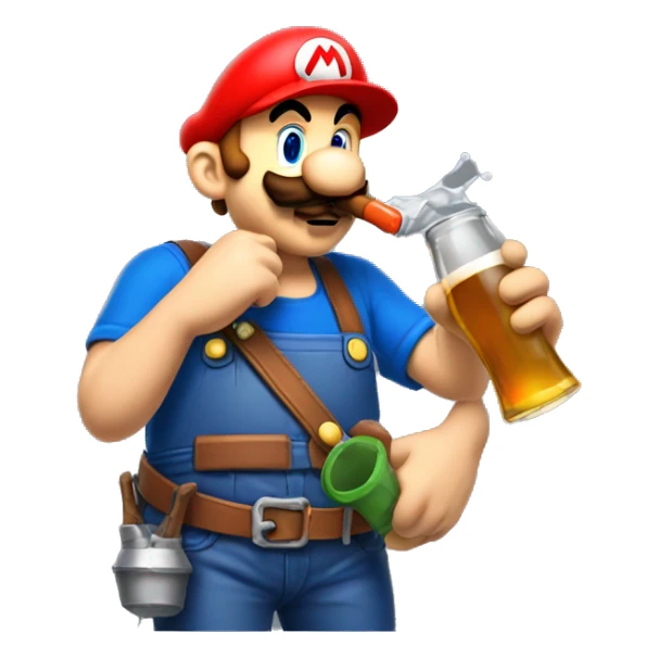 Mario plumber drinking beer with a shirt that reads “HOPE” with a pipe wrench logo sticker