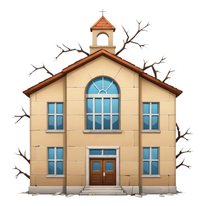 Abandoned school, cracked walls, broken windows, no background, simple style, minimal details sticker