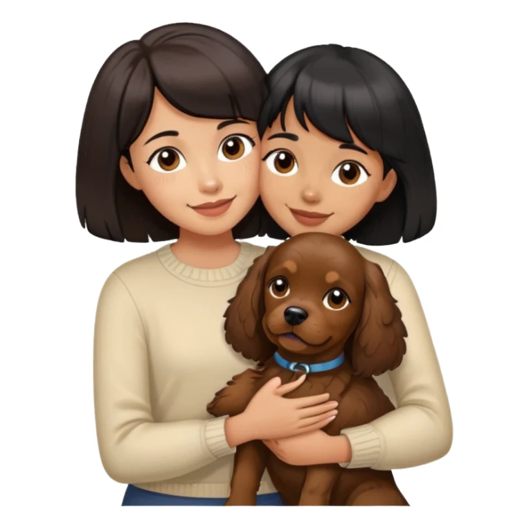 A girl with short black hair and bangs happily hugs a brown cocker spaniel sticker