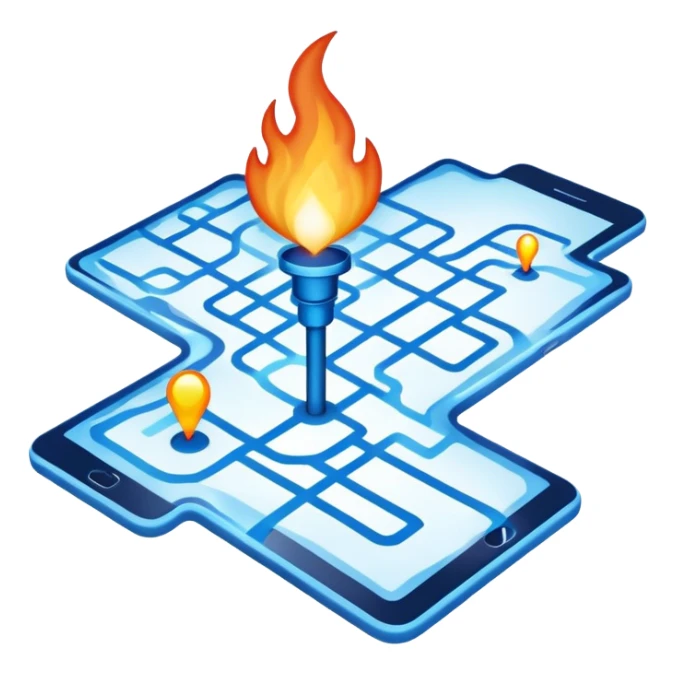 a map with a glowing blue flame on the x and networking paths sticker