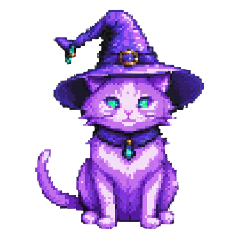 pixel art purple cat with a magical aura and witch accessories sticker