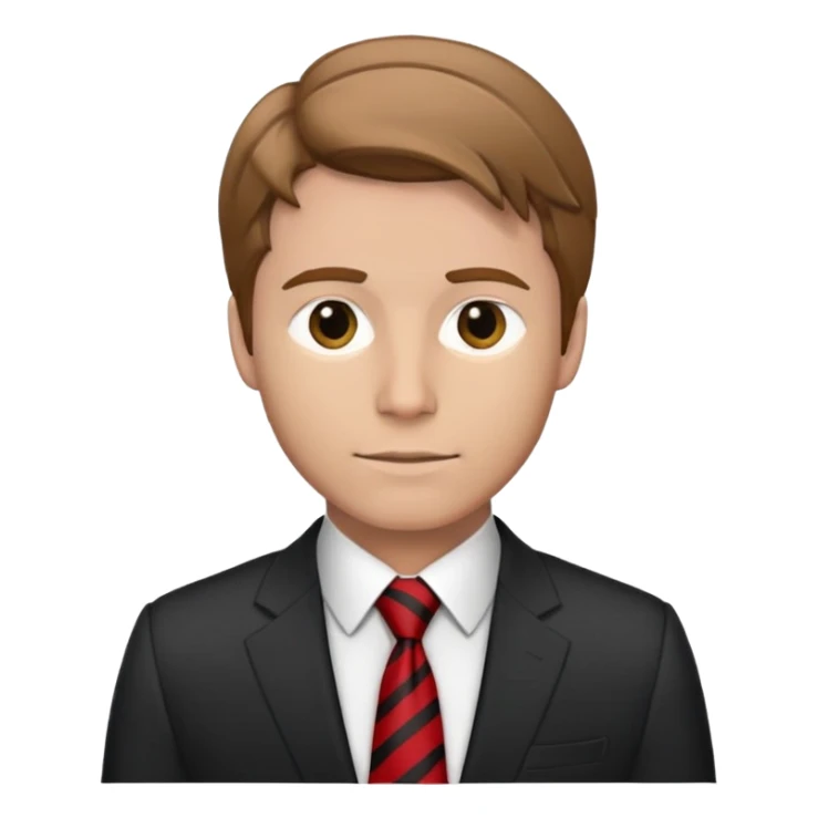 man with combed light brown hair wearing a suit with black horizontal stripes and a red tie sticker